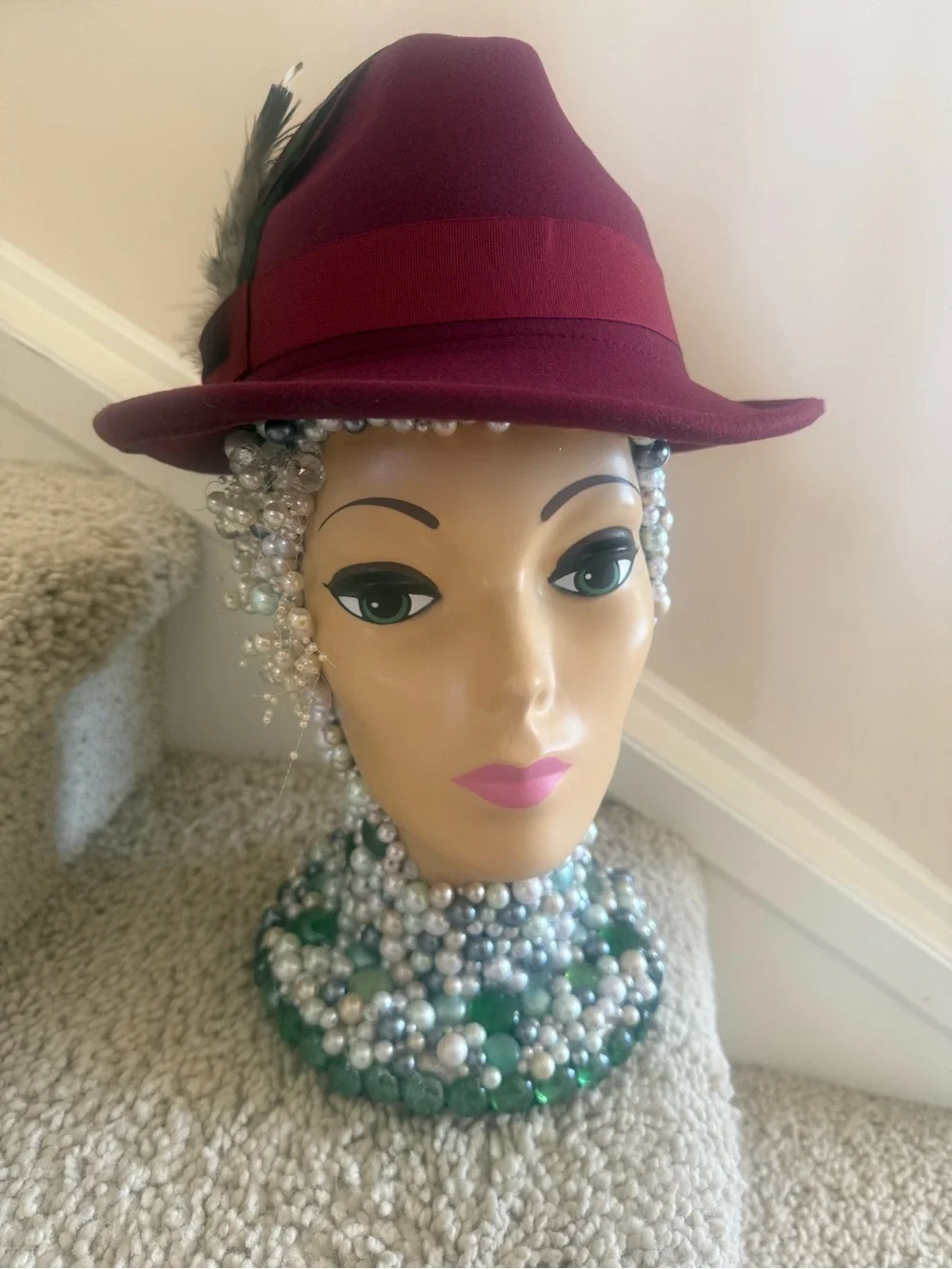 Pandora Burgundy Feather Trim Fedora Hat